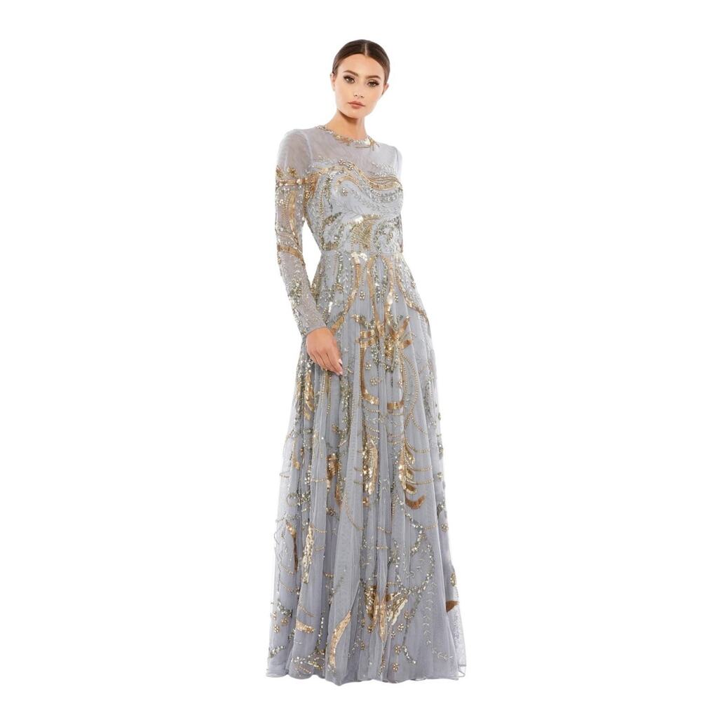 Mac Duggal 5217 Platinum Gold Beaded Long Sleeve Gown Size 6 $798